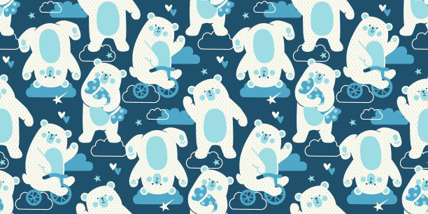 可爱的儿童壁纸。有趣的小熊，冰的冬季包装纸或瓷砖织物。手绘涂鸦斯堪的纳维亚打印的背景。图片下载