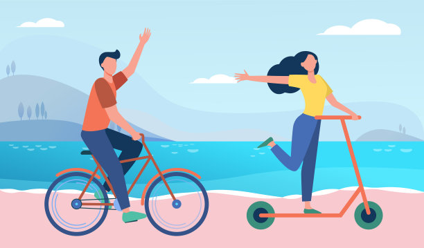 在户外骑自行车和踏板车的快乐情侣图片下载