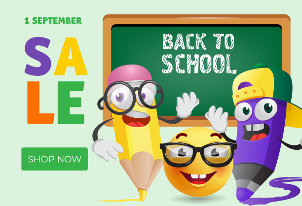 现在回到学校商店的横幅设计带有卡通图片下载