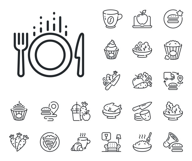 食品线图标。餐具的迹象。叉,刀。可丽饼、甜爆米花和沙拉。向量图片下载
