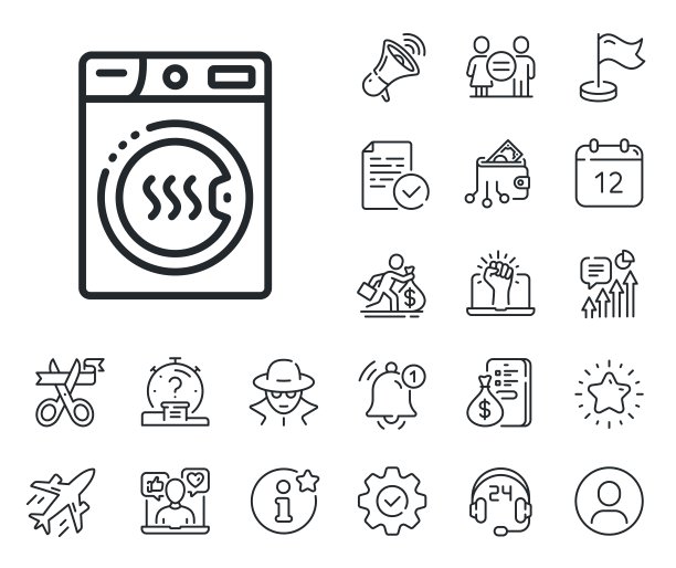 烘干机线路图标。洗衣服务标志。干燥的衣服。工薪族，性别平等，警铃响。向量图片下载