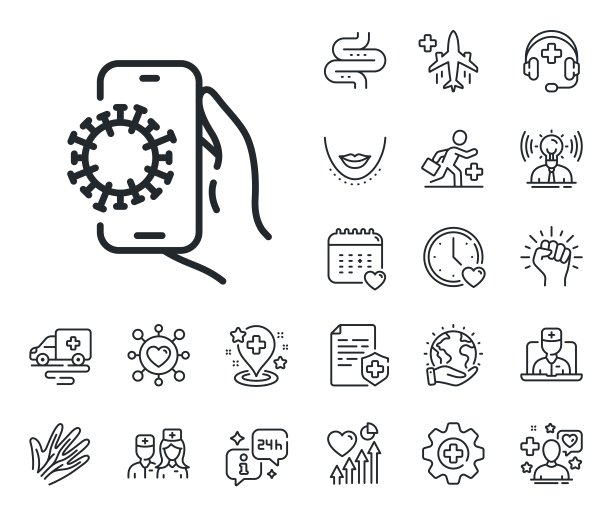 Covid手机应用程序线路图标。冠状病毒申请标志。网上医生，病人和药品。向量图片下载