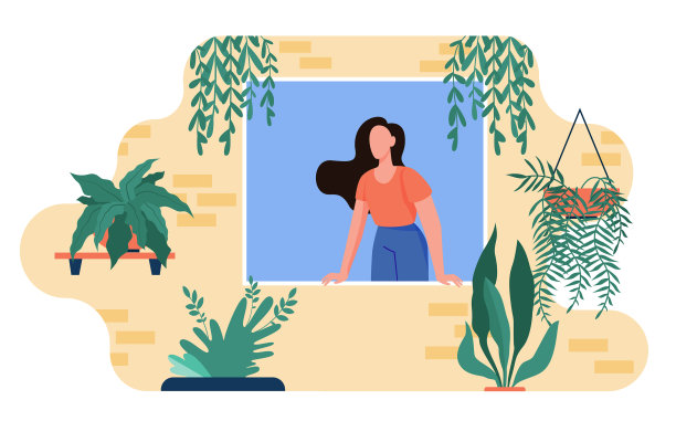 女人带着家里的植物从窗户探出头来图片下载