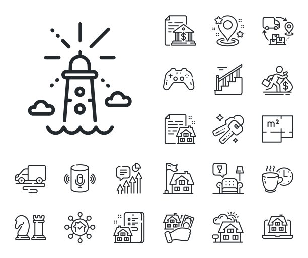灯塔线图标。烽火台标志。探照灯。平面图、楼梯和休息室。向量图片下载