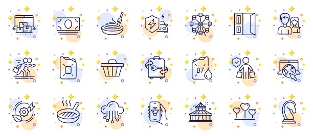 马戏团、汽车充电和购物车线性图标集，适用于Web应用程序，象形图标，矢量素材图片下载