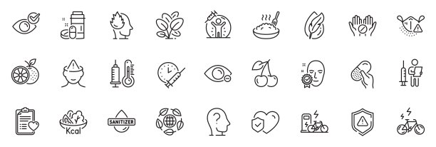 图标包装为粥，温度计和胶囊药丸线图标。用于web应用程序。矢量图片下载