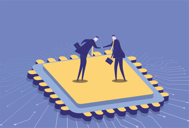 两个生意人在芯片上握手，合作愉快图片下载