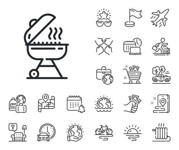 烧烤线图标。烧烤炉用于烹饪食物的标志。飞机、旅行地图和行李领取处。向量图片下载