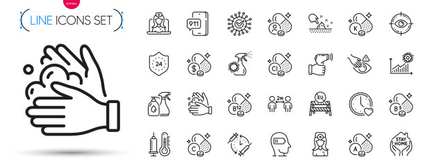 药品价格包，紧急呼叫和冠状病毒线路图标。象形图图标。向量图片下载