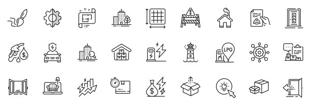 图标包加油站，发送箱和家庭线图标。用于web应用程序。矢量图片下载