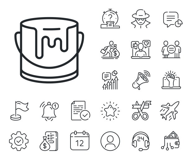 油漆桶线图标。一罐丙烯酸油漆标牌。工薪族，性别平等，警铃响。向量图片下载