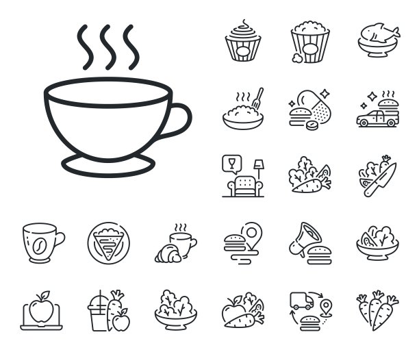 咖啡杯线条图标。热卡布奇诺招牌。茶喝杯。可丽饼、甜爆米花和沙拉。向量图片下载