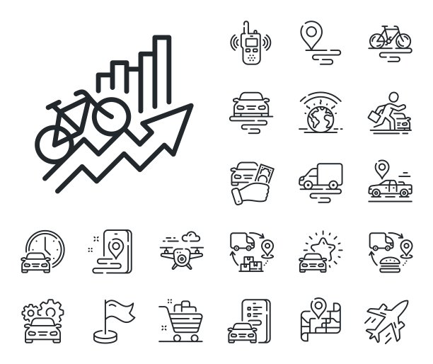 训练结果线图标。自行车骑行表标志。飞机，供应链和地点。向量图片下载