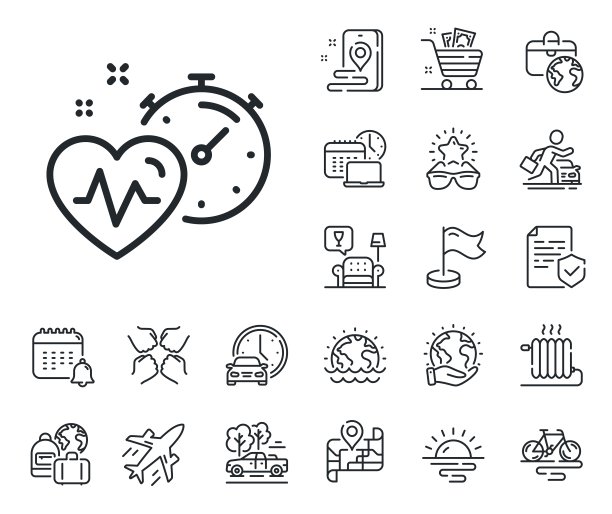 有氧训练计时器图标。脂肪燃烧时间标志。飞机、旅行地图和行李领取处。向量图片下载