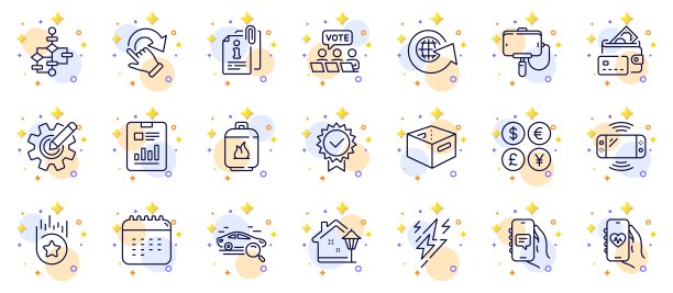 健康App、齿轮和货币线性图标轮廓集，适用于Web应用程序，象形图矢量图片下载