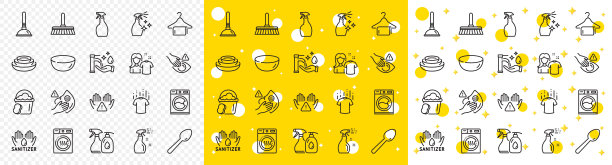 勾勒干t恤，清洁双手和海绵线图标。用于web应用程序。矢量图片下载