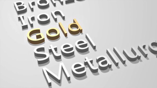 背景模糊的贵金属黄金。在各种金属名称中，黄金的概念。3 d渲染插图。图片下载