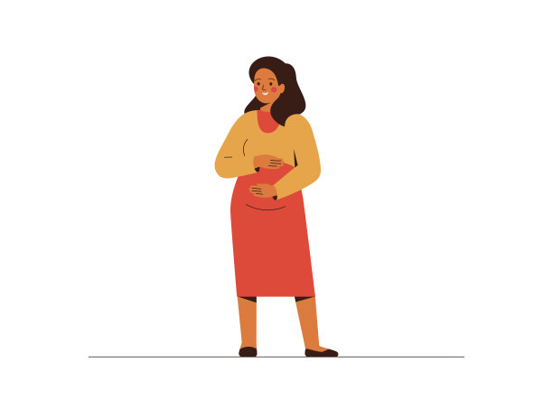 孕妇站着，用爱拥抱自己的肚子。年轻的母亲把手放在肚子上。图片下载