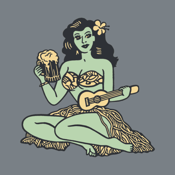 夏威夷女人拿着啤酒和尤克里里琴的插图图片下载