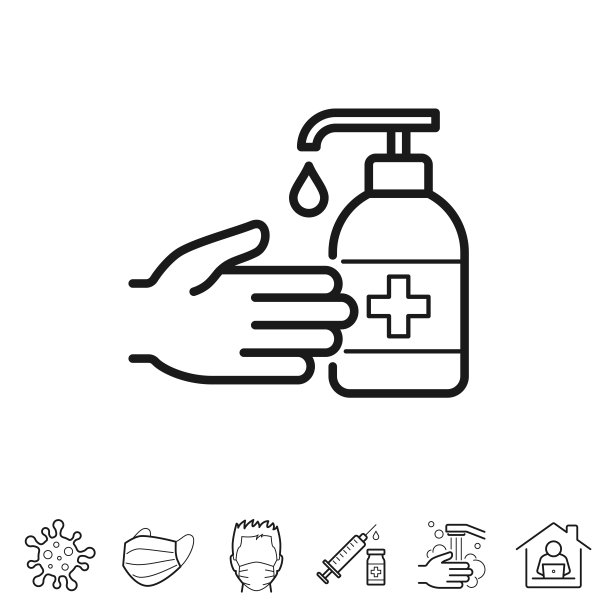 使用洗手液消毒：可编辑描边线性图标图片下载
