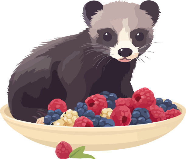 毛茸茸的浣熊正在吃碗里的甜蓝莓图片下载