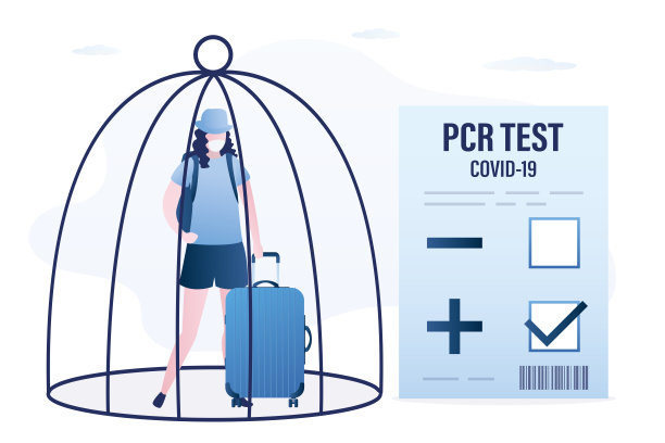 出差前PCR阳性。女游客被关在笼子里。由于冠状病毒的传播，旅行禁令。Covid-19预防。旅客不能过境。14天隔离。图片下载