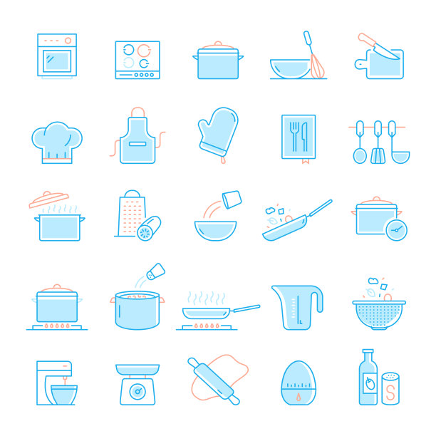烹饪相关的平线图标集。简单轮廓符号图标。图片下载