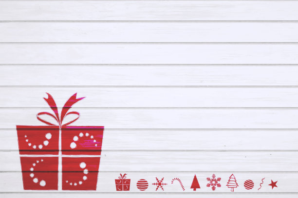 现代白色内衬或条纹图案墙壁纹理垃圾背景圣诞矢量插图与一个红色的圣诞礼盒与丝带蝴蝶结和其他圣诞装饰品，涂鸦涂鸦在墙上图片下载