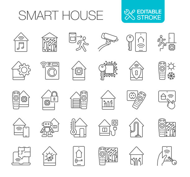 智能房子，智能家庭图标设置可编辑的笔画图片下载