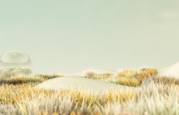 抽象的秋季景观场景与展台的产品展示。三维渲染图片下载