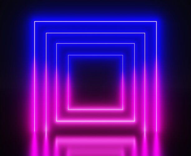 抽象的黑色房间与霓虹广场拱门3d渲染。隧道，虚拟门户或框架发光led线，夜总会舞台，激光灯光表演，未来的空间门在黑暗的背景图片下载