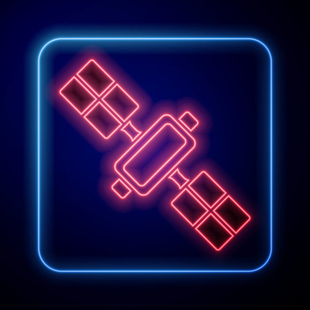 发光的霓虹灯卫星图标孤立在蓝色背景。向量图片下载