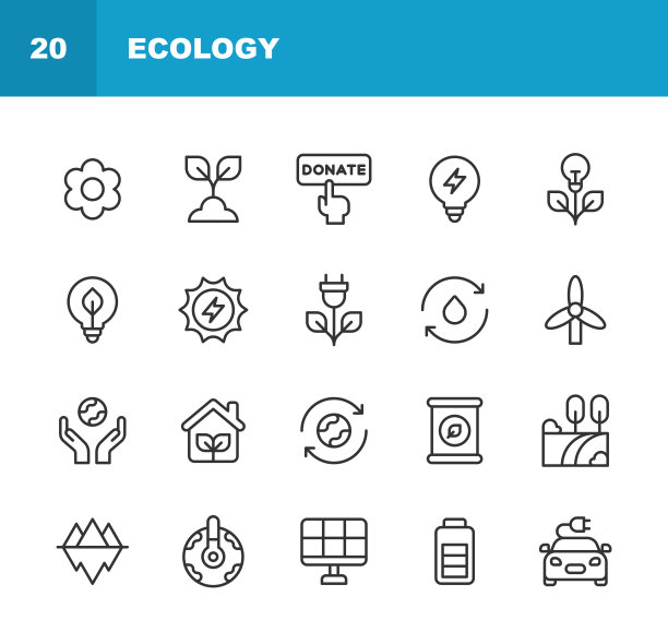 生态线图标。可编辑的中风。像素完美。移动和网络。包含农业，慈善，气候，捐赠，地球，电动汽车，能源，环境，花，全球变暖，树叶，自然，植物，回收，太阳能等图标。图片下载