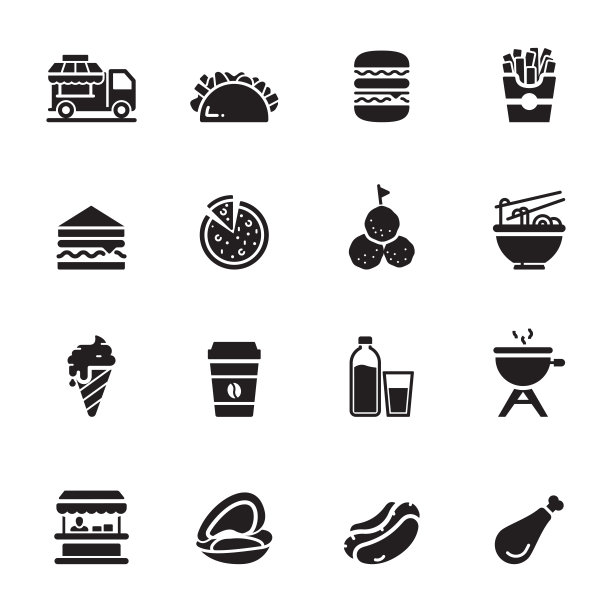 街头食品相关矢量图标的简单设置。符号集合图片下载