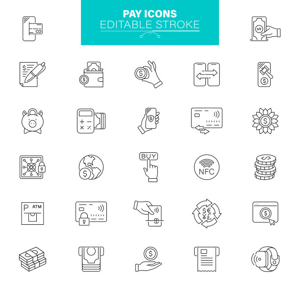 支付图标，可编辑的描边。包含图标作为货币，货币，储蓄，移动银行图片下载