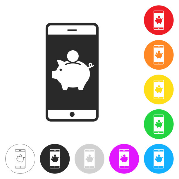 带存钱罐的智能手机。彩色按钮上的图标图片下载