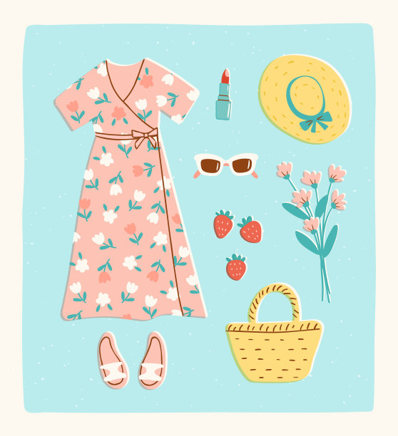 浪漫的花裙、太阳帽、草包和太阳镜，时尚复古图片下载