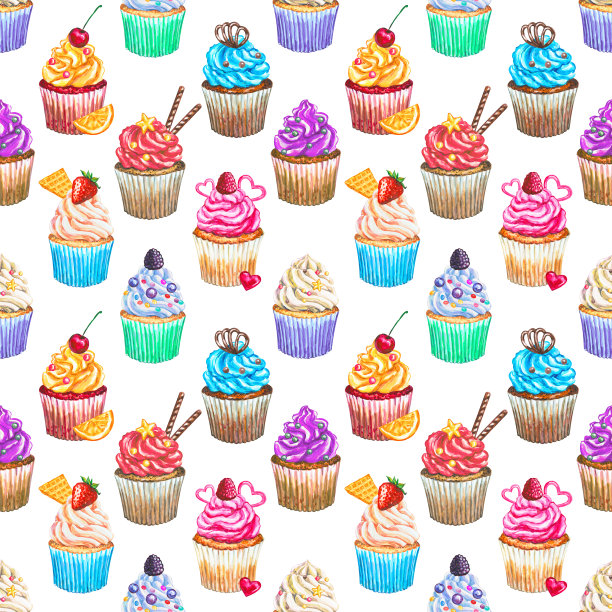 无缝图案与水彩纸杯蛋糕。质地与水彩蛋糕，不同类型的蛋糕。手绘水彩画蛋糕装饰，奶油和浆果。香甜可口的食物插图。图片下载