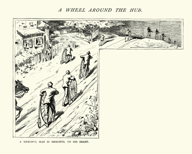 十九世纪，维多利亚时代骑自行车的人推着后轮小自行车上山图片下载