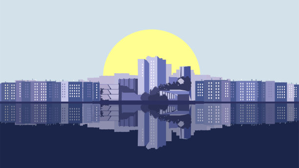 城市倒映在水面上，太阳在破晓的天空中升起图片下载