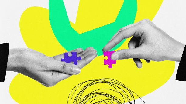 当代艺术拼贴的手做拼图在明亮的彩色背景。图片下载