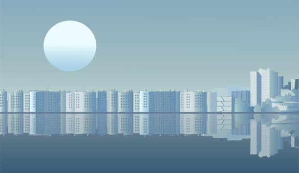 城市倒映在水面上，太阳在黎明的天空下从城市外升起图片下载