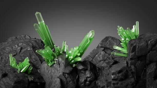 3d渲染，黑色岩石地面和绿色晶体的抽象背景。地质壁纸图片下载