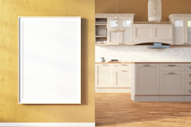 米色厨房墙上的空模型相框图片下载