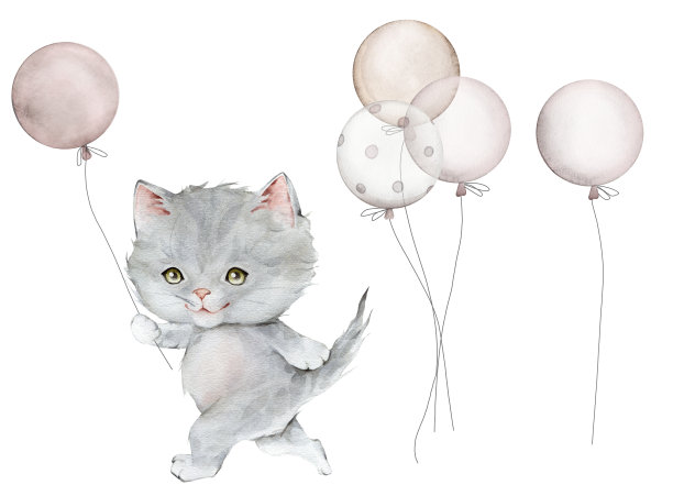 还有毛茸茸的小灰猫和气球。水彩手绘。在白色背景上孤立的苏格兰折耳。发现了猫。宠物卡通的孩子，海报，贴纸，纺织品。图片下载