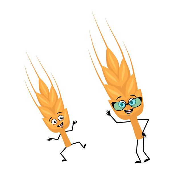 可爱的麦穗人物戴着眼镜和孙子跳舞快乐的情绪，微笑的眼睛，手臂和腿。健康的谷物配以表情和姿势，维生素丰富的食物。矢量平面插图图片下载