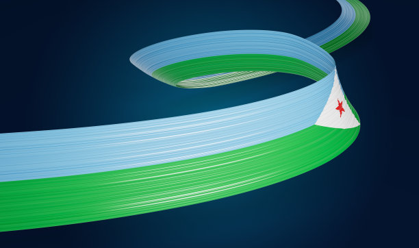 三维吉布提国旗三维波浪形闪亮的吉布提丝带隔离在蓝色背景三维插图图片下载