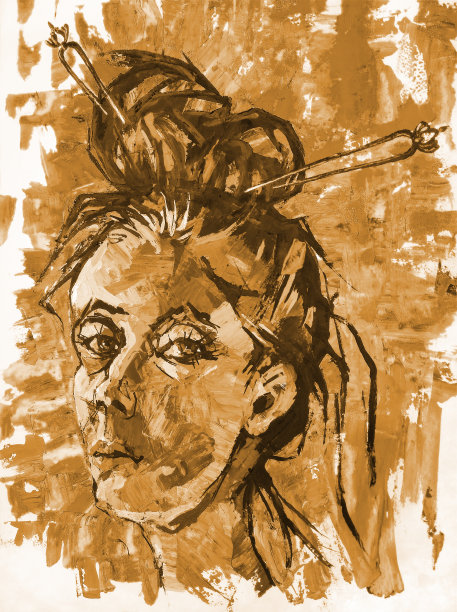 插图油画肖像的年轻女子与长发背景上的棕褐色图片下载