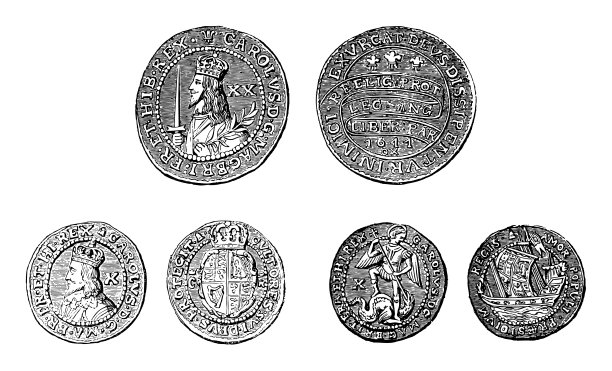 英格兰，苏格兰和爱尔兰国王查理一世(1625-1649)金币- 20先令，10先令和天使-白色背景上孤立的复古雕刻插图图片下载