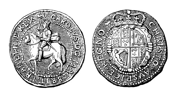 英格兰，苏格兰和爱尔兰国王查理一世(1625-1649)约克半冠硬币-白色背景上孤立的复古雕刻插图图片下载